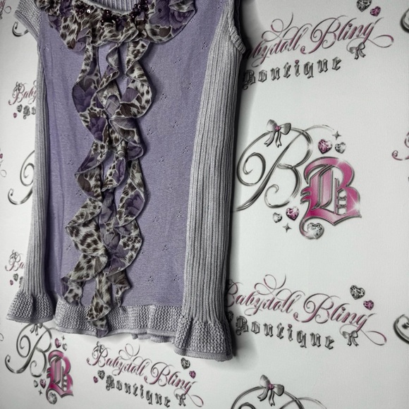 Arte shirt purple cheetah print beaded embroidery ruffle frills stretchy y2k - Picture 3 of 12